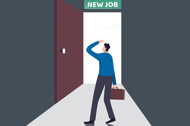 A cartoon image of a man starting a new job