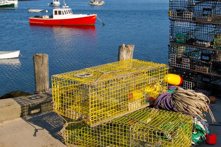 Maine lobster traps on a pier