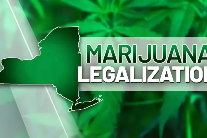 NYS map saying Marijuana Legalization on cannabis background