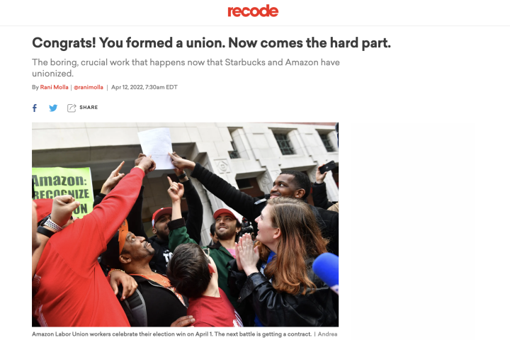 Amazon Labor Union workers celebrate their election win on April 1. 