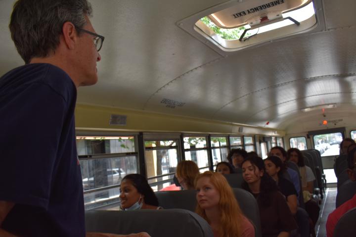 Sam Magavern leading a Buffalo bus tour for the High Road 2022 cohort