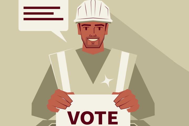 A graphic of a construction worker casting a vote