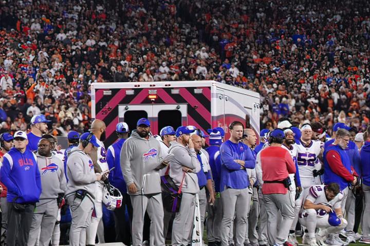 Buffalo Bills players look on after teammate Damar Hamlin #3 collapsed on the field after making a tackle against the Cincinnati Bengals during the first quarter at Paycor Stadium on January 02, 2023 in Cincinnati, Ohio. (Photo by Dylan Buell/Getty Images)