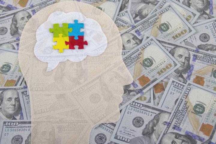 The symbolic image of autism puzzle pieces superimposed by $100 bills.