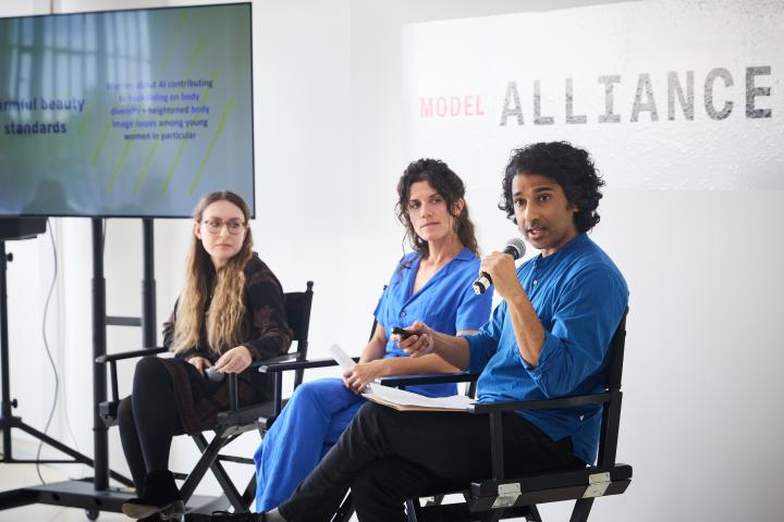 Alexandra Mateescu, Zoe West and Sanjay Pinto discussing their research at Model Alliance NYC