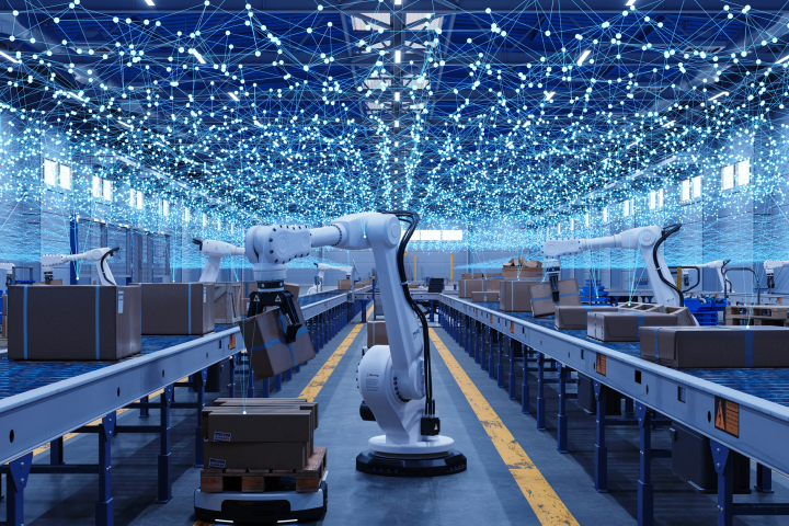 Robotic arms in a warehouse working on an assembly line