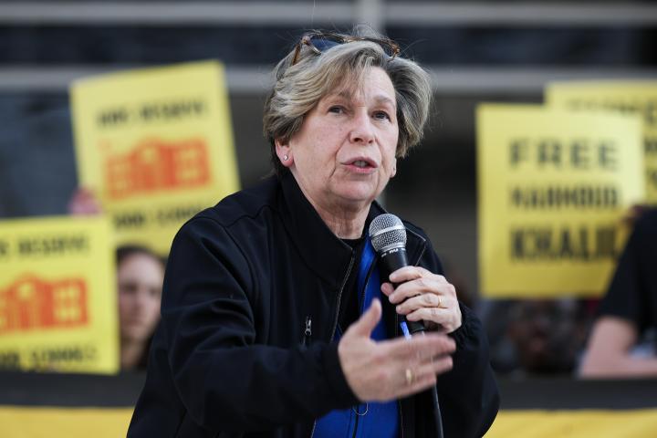 Randi Weingarten speaking into a microphone