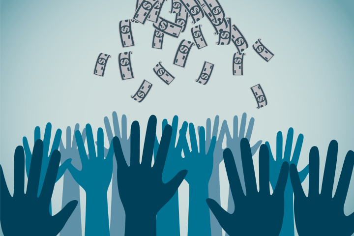 Money falling into outstretched hands.