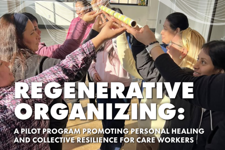 Group of women with raised hands to hold an item above their heads together. "Regenerative Organizing" 