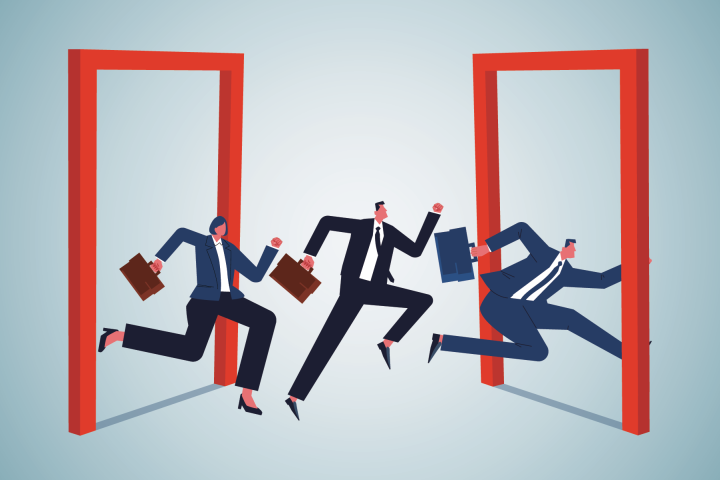 Businesspeople running from door to door