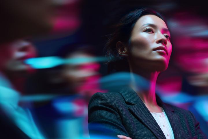 A business professional stands with arms crossed, looking upward with a confident expression, surrounded by blurred neon blue and pink light streaks in a dark, futuristic setting.