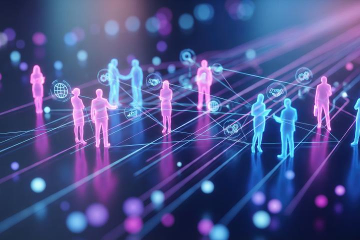 Abstract silhouettes of professionals connected by glowing digital lines and workplace collaboration icons, representing AI-enabled talent management.