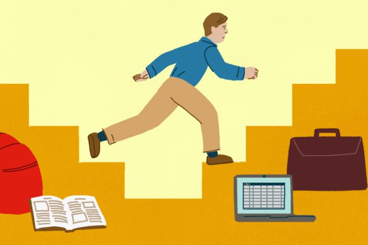 An illustration of a young man climbing stairs. Courtesy of Laila Milevski/Cornell University