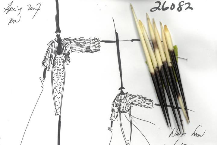 A sketch and samples of porcupine quills from Ralph Rucci’s archival collection housed in the ILR School's Kheel Center