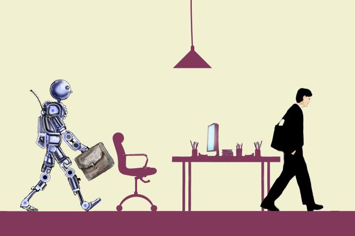 An illustration of a robot replacing a worker at his desk