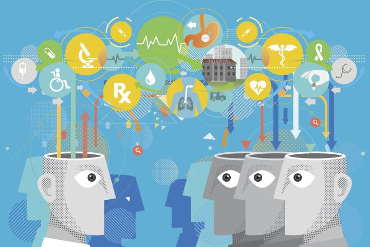 Cartoon-style people sharing ideas about healthcare