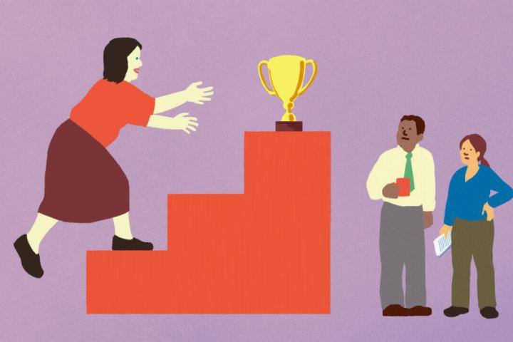 A graphic of a woman climbing steps to reach a trophy in front of others. 