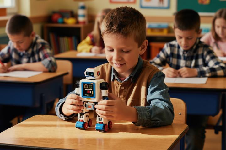 child with robot representing early days of AI