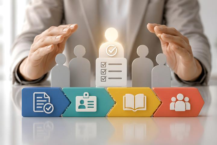 A business professional gestures protectively around a highlighted employee figure and icons representing evaluation, development, and team management.