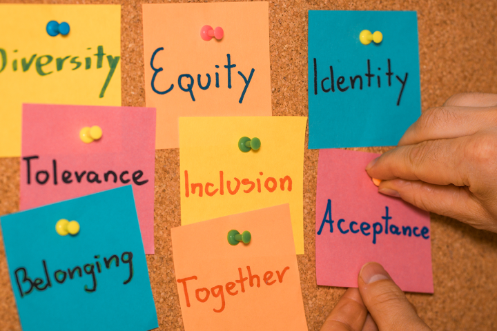 A colorful set of DEI sticky notes attached to a board. 