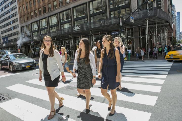 ILR student interns cross a street in NYC