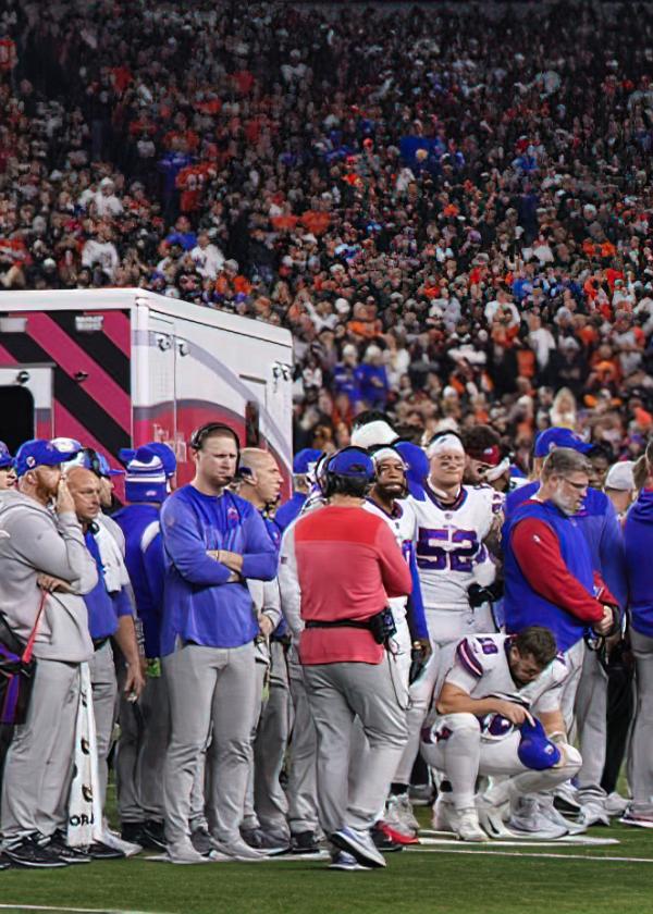 Buffalo Bills players look on after teammate Damar Hamlin #3 collapsed on the field after making a tackle against the Cincinnati Bengals during the first quarter at Paycor Stadium on January 02, 2023 in Cincinnati, Ohio. (Photo by Dylan Buell/Getty Images)