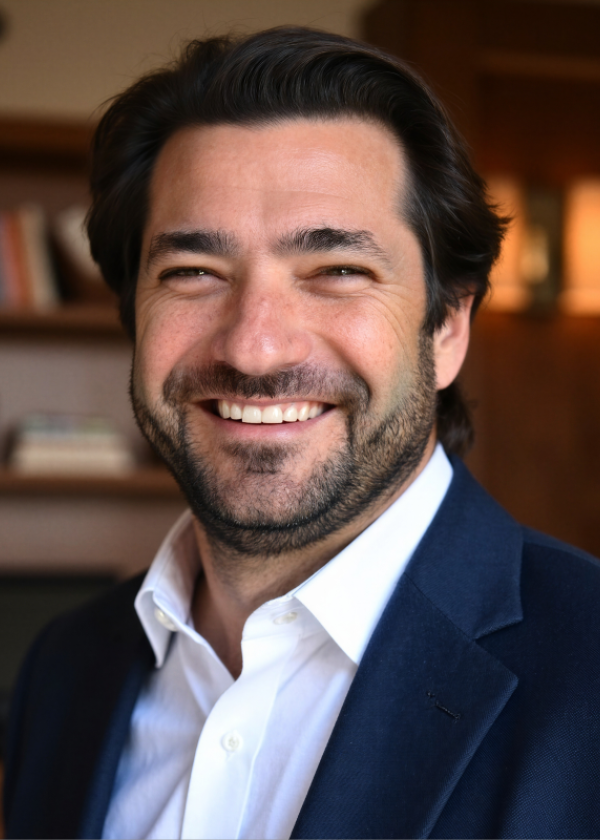 Headshot of a smiling man in a navy blazer and white shirt, standing in front of a softly blurred indoor background.