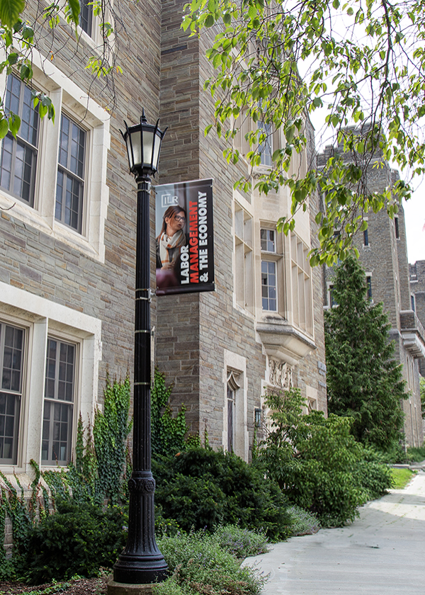 An light pole banner outside of the Ives Faculty building. 