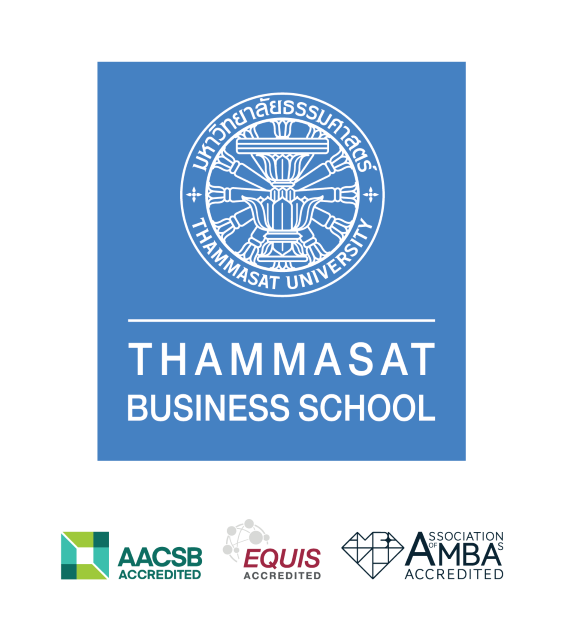 Thammasat Business School is written in white text on a light blue background, and their crest also features about that text. It says in green text AACSB Accredited," in red text "Equis Accredited," and in dark blue text "Association of MBAs Accredited" below that