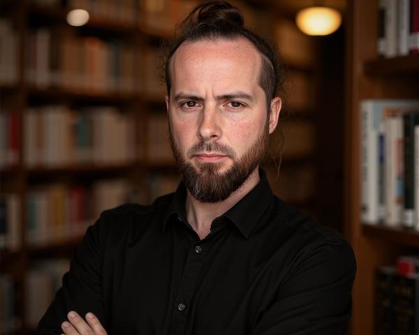 A man wearing a dark shirt stands arms crossed. He has a short cropped beard and dark hair. He stands in front of a bookshelf.
