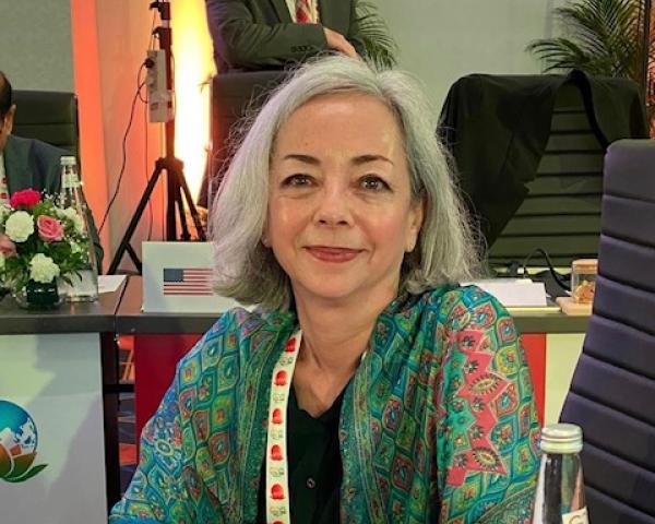 Thea Lee sits in a chair wearing a green and red patterned jacket over a black shirt. She has greay hair, and sits at a table with a sign that says "United States" on it