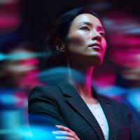 A business professional stands with arms crossed, looking upward with a confident expression, surrounded by blurred neon blue and pink light streaks in a dark, futuristic setting.
