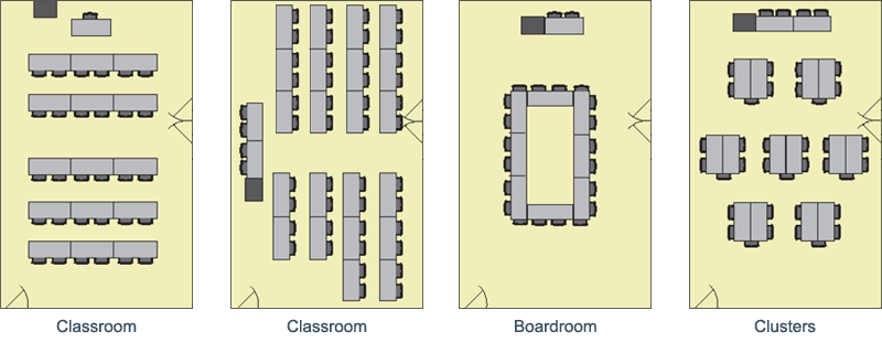 Table and seating arrangements for rooms 225 and 229