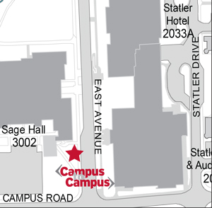 Bus Stop Location TCAT bus shelter near intersection of East Avenue and Campus Road, across from Statler Hall.