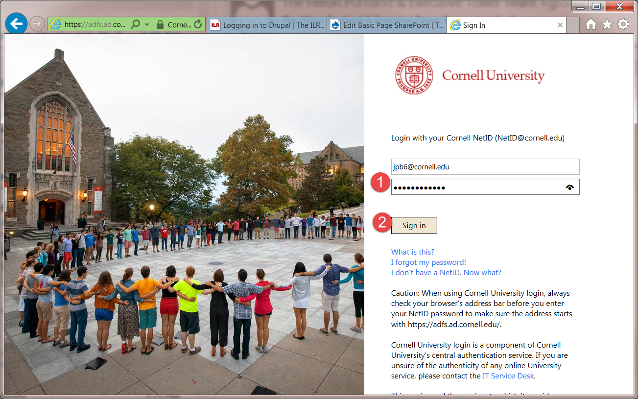 Cornell login page