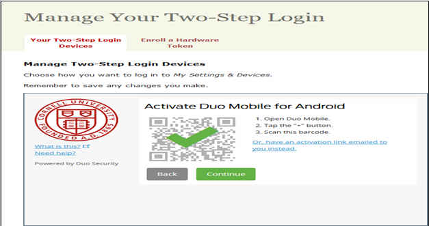 Windows dialog to activate an Android device for two step authentication