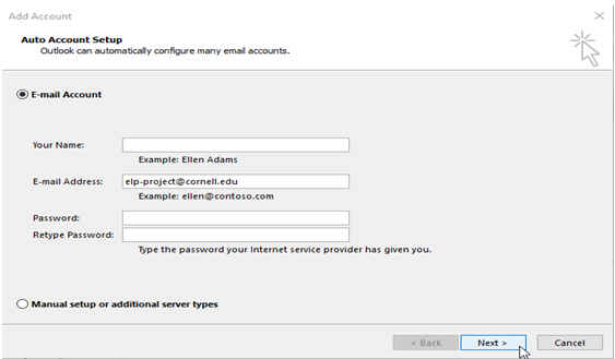 Microsoft Outlook add account dialog