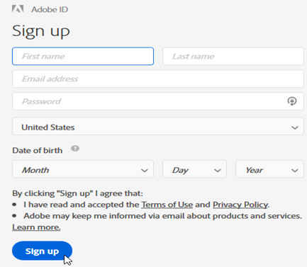 Adobe signup dialog