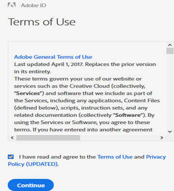 WIndows dialog showing the box checked that states the user has accepted the terms of use.