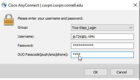 Mac dialog for two-step authentication into Cisco AnyConnect VPN connection