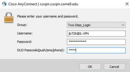 Windows dialog for 2-step authentication to Cornell VPN