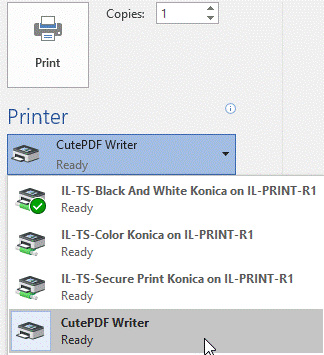 Windows print dialog with Cute PDF creator selected