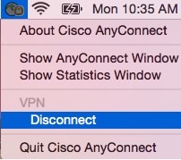 Cisco anywhere connect menu with VPN:Disconnect selected