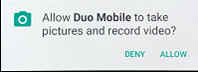 Apple iPhone dialog asking user to allow Duo Mobile to take pictures and record video