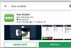 Phone dialog showing installed Duo Mobile app with options to open or uninstall