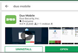 Phone dialog showing installed Duo Mobile app with options to open or uninstall