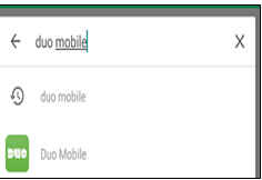 Phone dialog showing user searching for Duo Mobile app in the App store