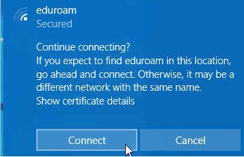 Windows dialog to accept connection to EduRoam network