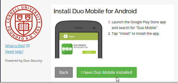 Web site dialog asking to install duo mobile for android