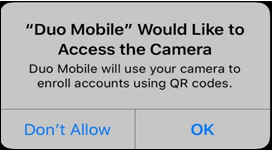 Apple iPhone dialog asking for permission for DuoMobile to access the camera